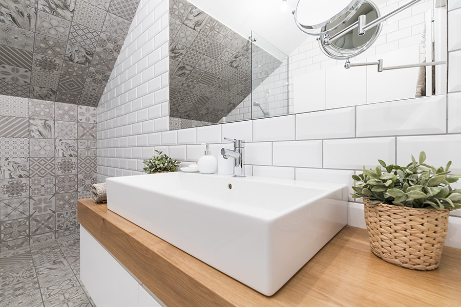 Grey Subway Tiles with White Basin