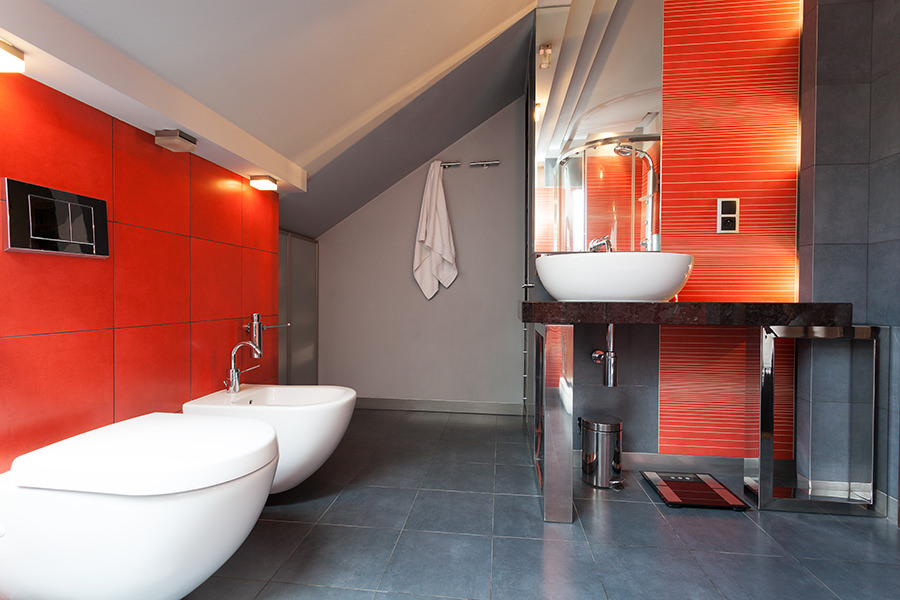 Grey Bathroom Furniture with Red Walls