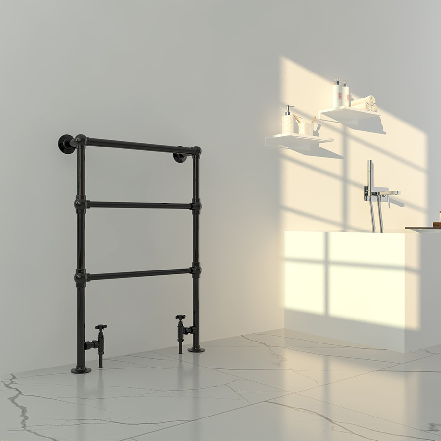 Grey Bathroom Floor Tiles with Black Towel Rail