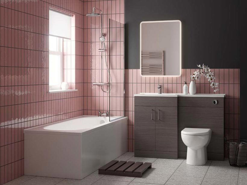 Grey Bathroom Walls with Pink Bathroom Tiles