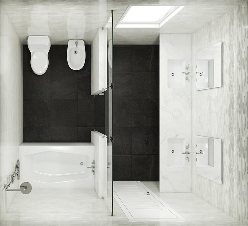 Medium Size Bathroom Layout with Two Mirrors, Sinks, and Complete Bathroom Suite