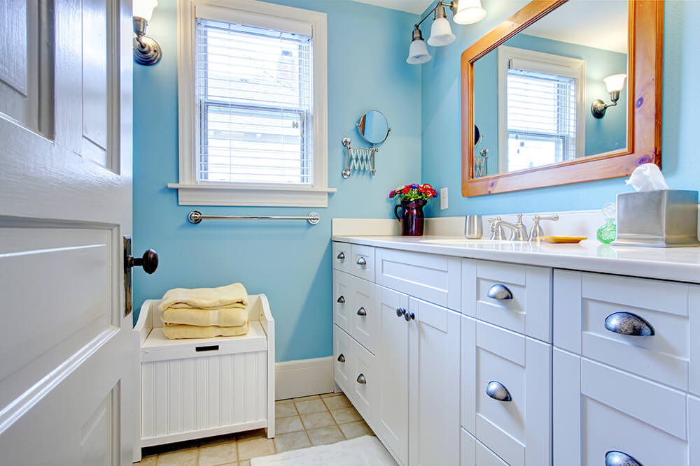 Teal blue and Grey Blue Bathrooms