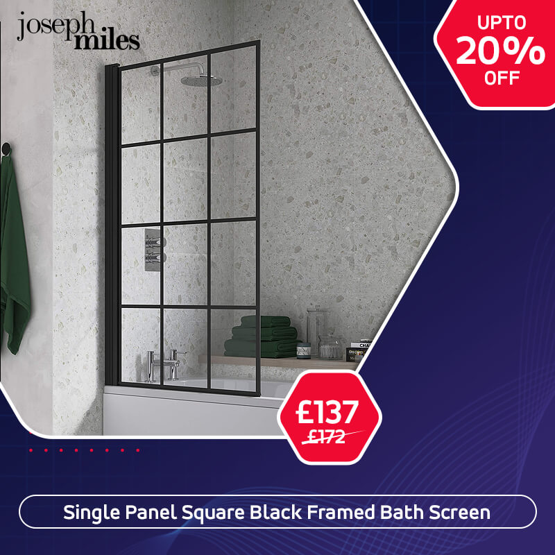 Joseph Miles 1500mm High Single Panel Square Black Framed Bath Screen