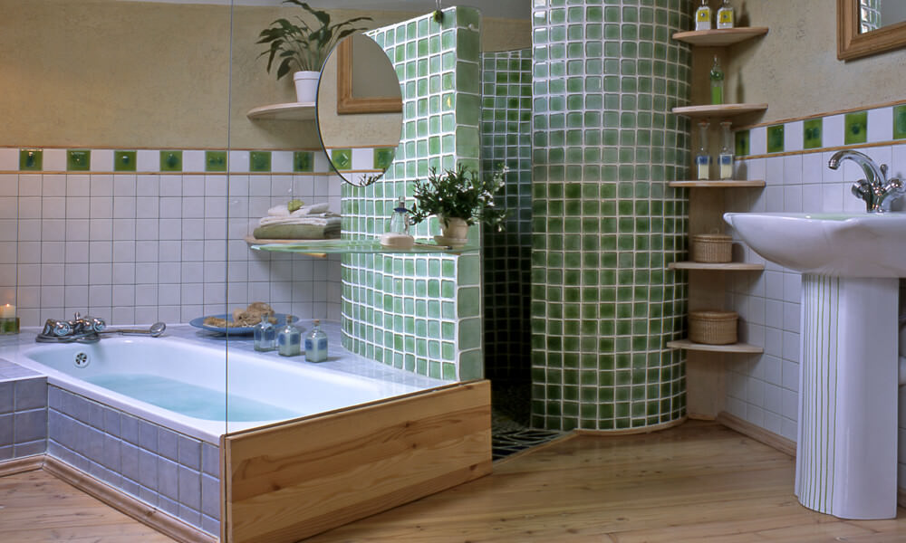 Light Green Vanity with Green Tiled Bathroom