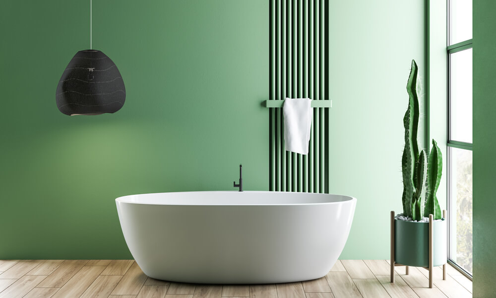 Green Stripes Bathroom with Dark Green Paint