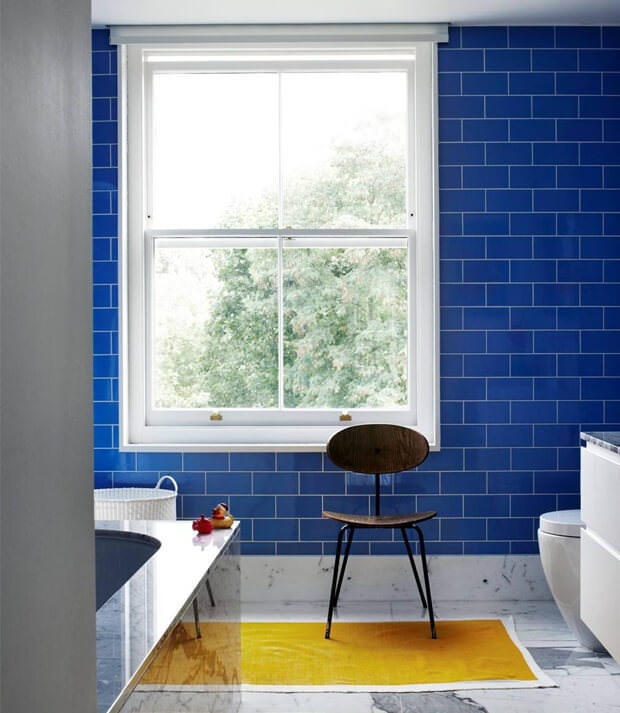 Grey Bathroom Decor with Blue Tiles