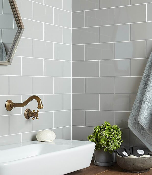 Grey Subway Tiles with White Basin