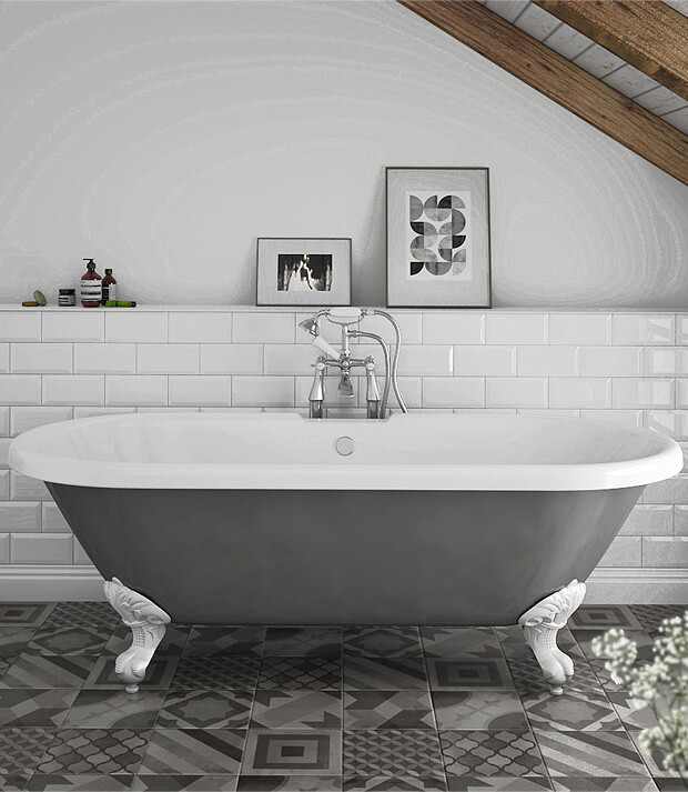 Grey Bath with White Bathroom Tiles