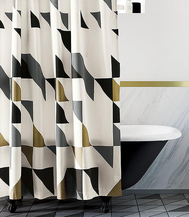 Grey Bathroom Floor Tiles with Black Bath and Curtains