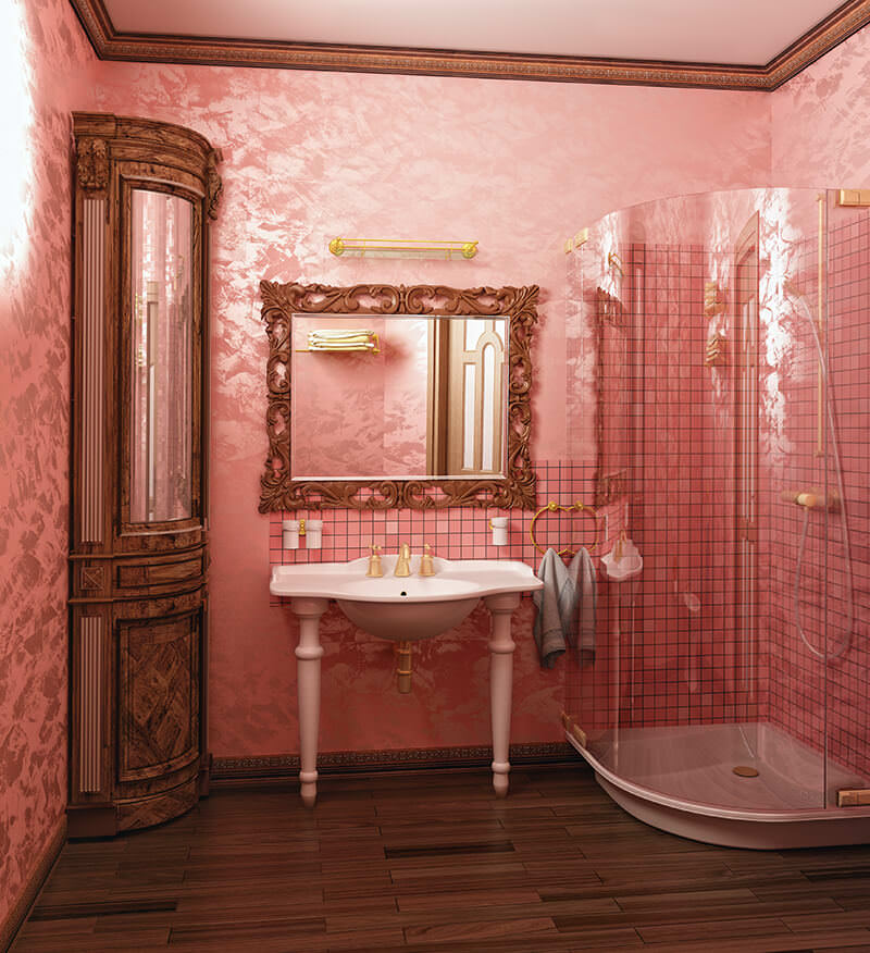 Pink Bathroom Decor with Gold Brassware and Mirror