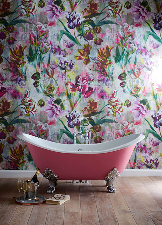 Pink Bathroom Decor with Gold Brassware and Mirror